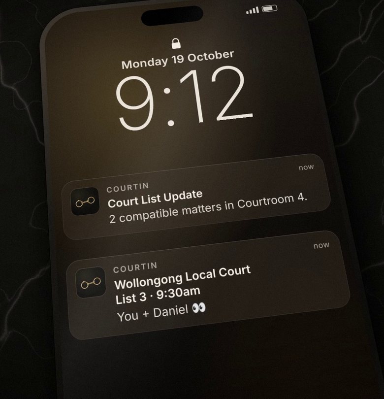 A phone lock screen showing two Courtin court list alerts
